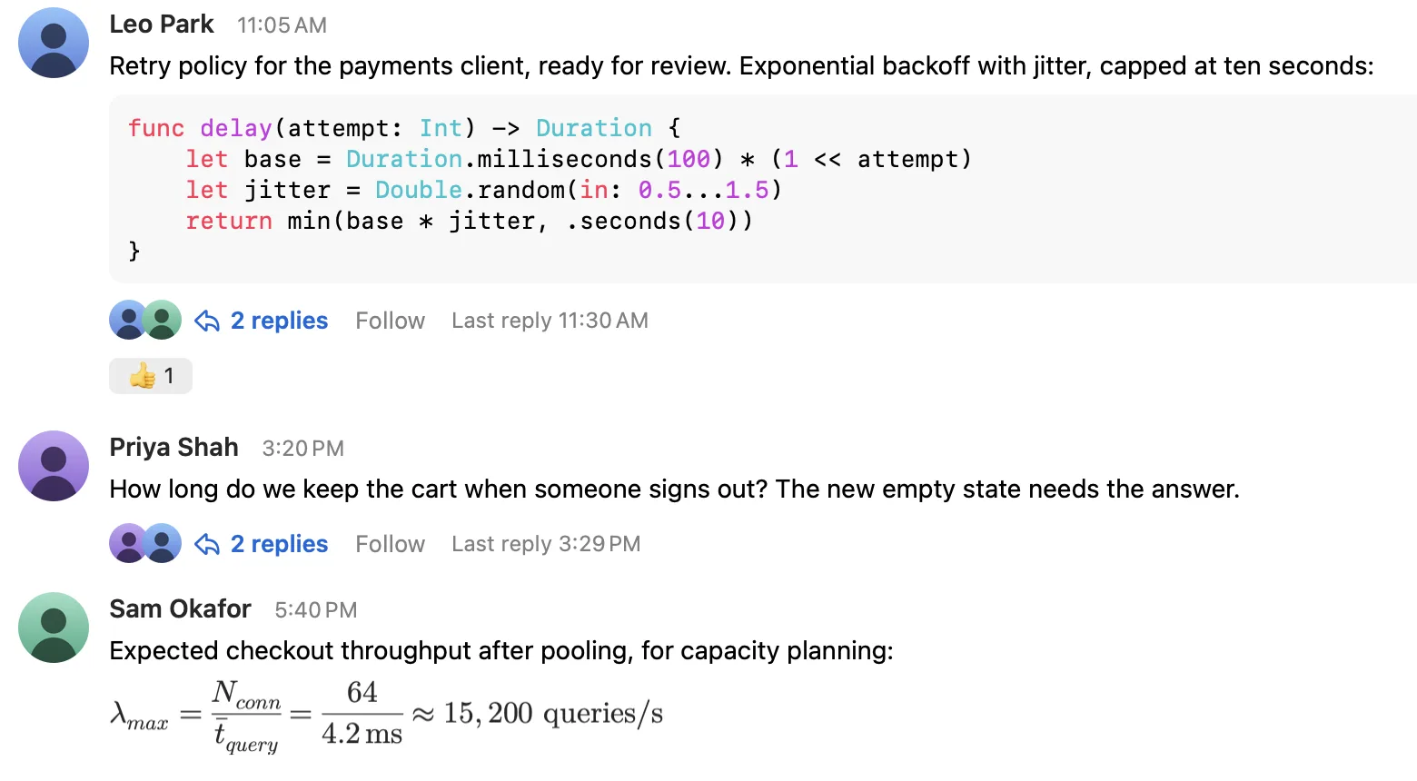 A Swift code review with syntax highlighting, and a capacity formula typeset from LaTeX.