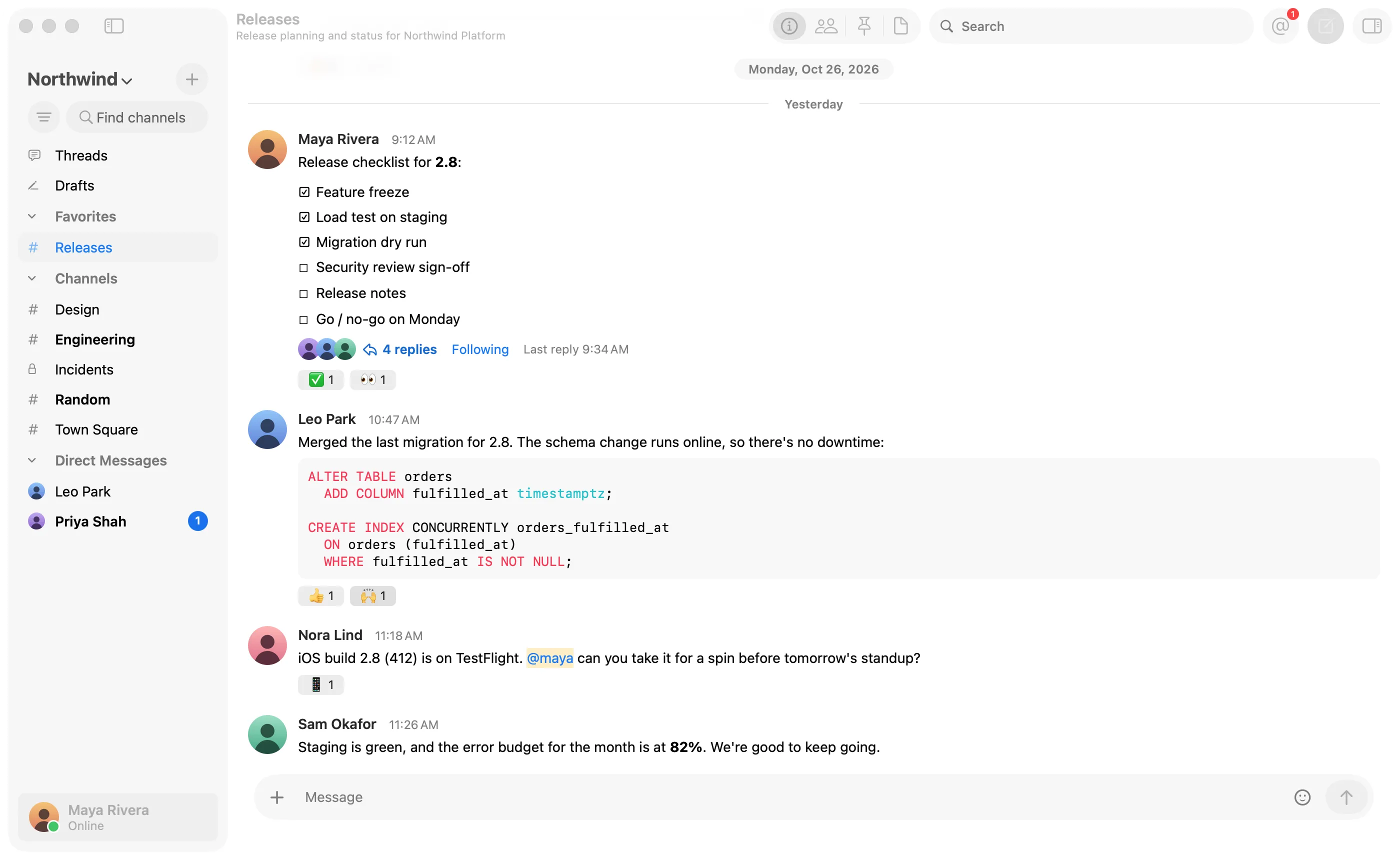 Starling's main window: the Northwind team's sidebar, and the Releases channel with a release checklist, a SQL migration, and a mention.
